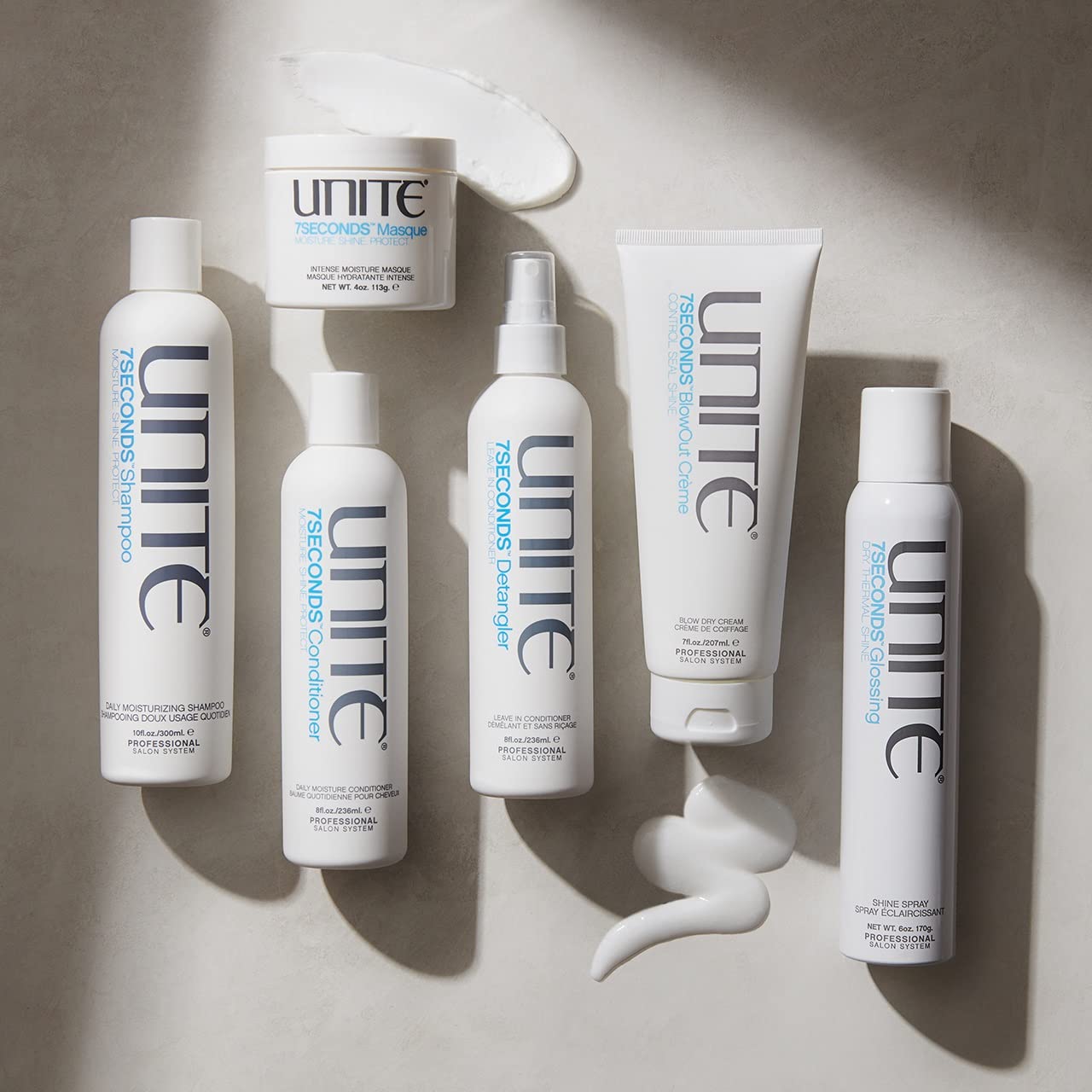 UNITE 7SECONDS close-up label and cap highlighting professional salon-grade formulation