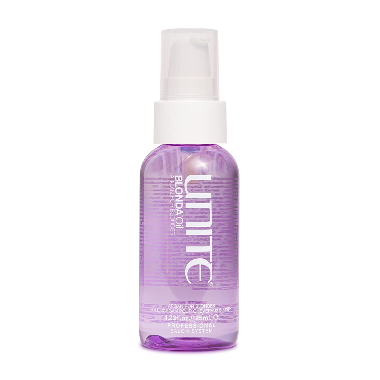 UNITE BLONDA front bottle showing clear argan oil and bottle size, highlights easy dosing