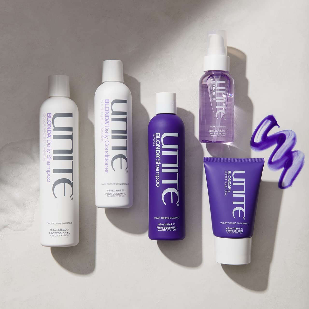 UNITE BLONDA label close-up highlighting ingredients and color-safe benefit
