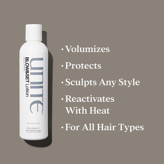 UNITE BLOW&SET label close-up highlighting ingredients and salon-grade promise