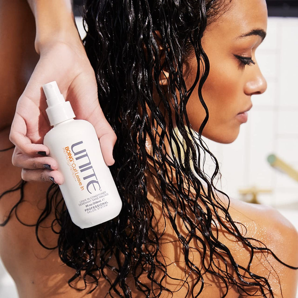 UNITE BOING applied on wet hair demonstrating detangling and curl definition benefits