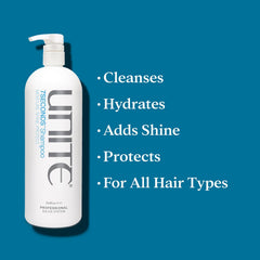 UNITE Hair 7SECONDS close label highlighting ingredients and protection