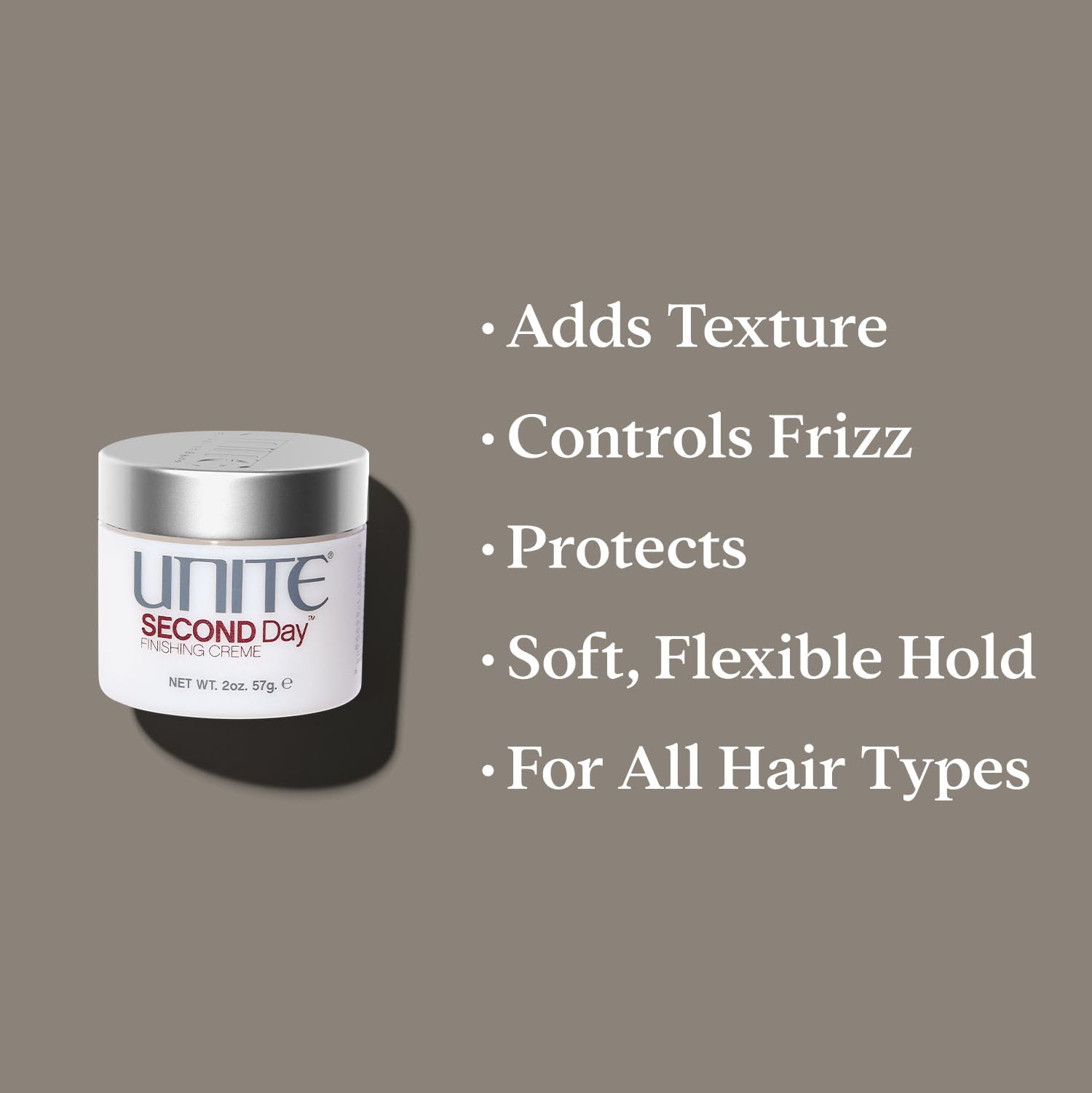 UNITE SECOND Day applied to hair showing natural texture and frizz control benefit