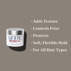 UNITE SECOND Day applied to hair showing natural texture and frizz control benefit
