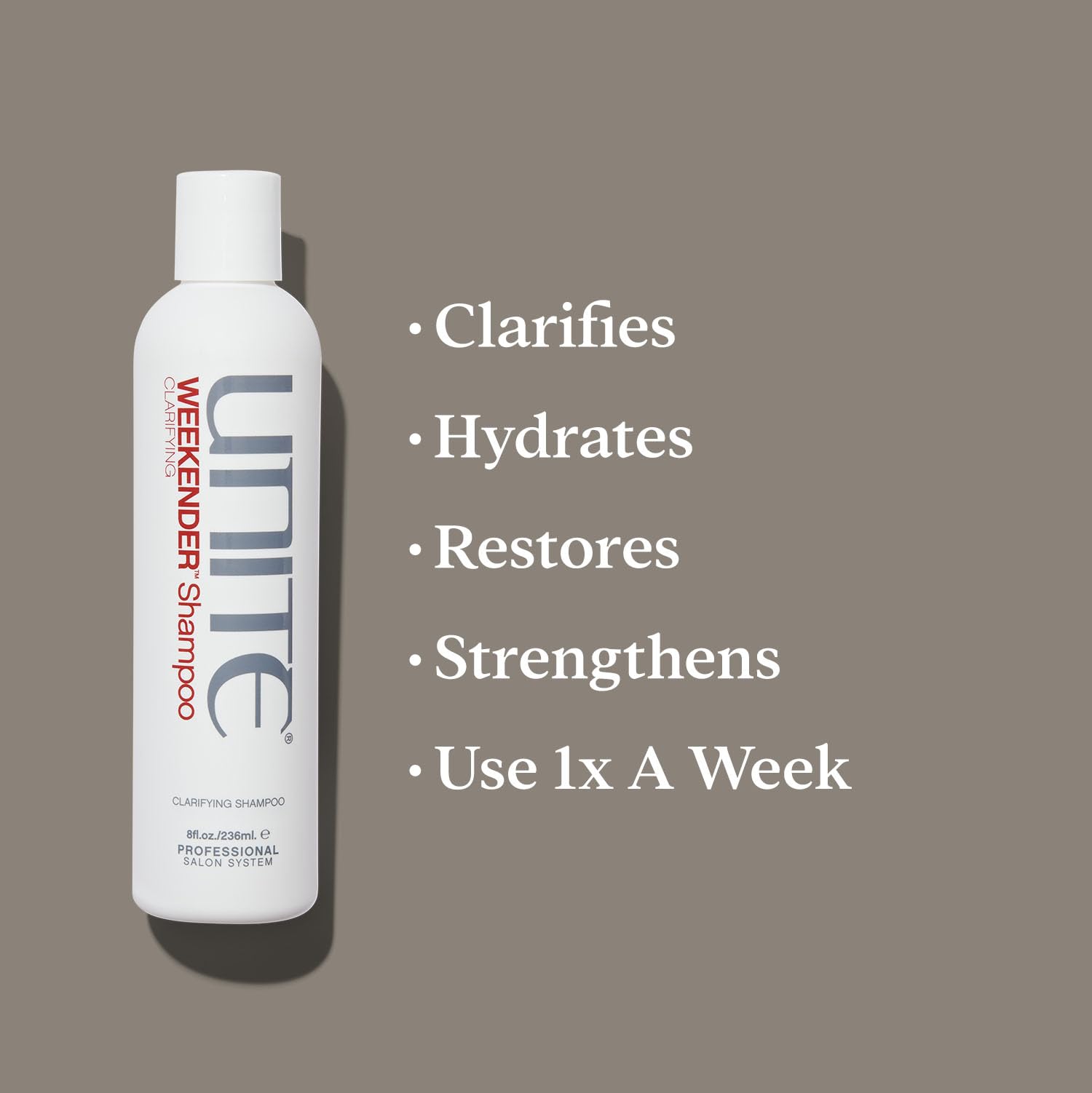 UNITE Hair WEEKENDER in-shower application on hair demonstrating buildup removal and refreshed shine