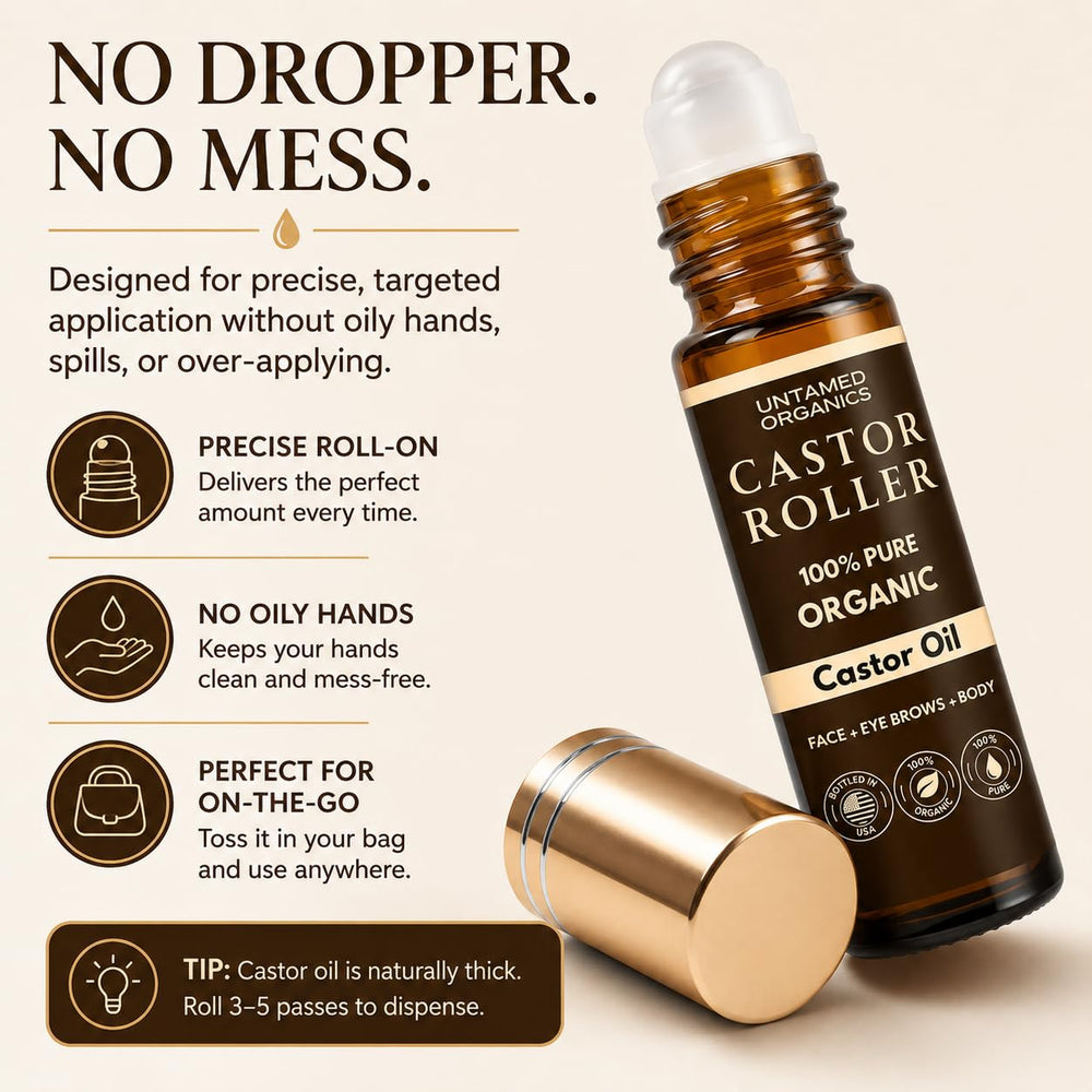 Untamed Organics roll-on application on brow demonstrating targeted, neat use