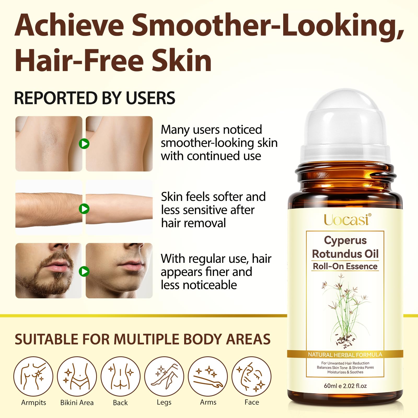 Uocasi product applied on leg after hair removal illustrating soothing benefit