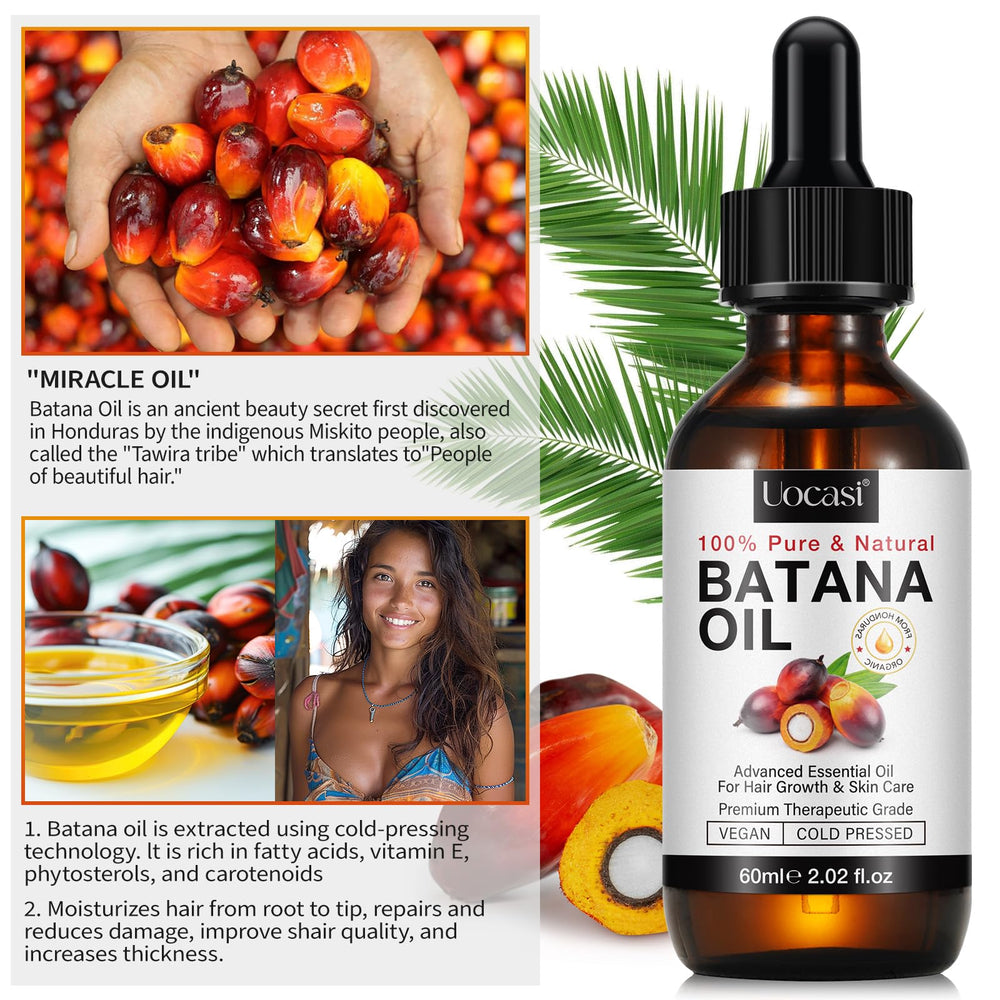 Before and after hair strands with Uocasi Batana oil showing reduced frizz