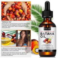 Before and after hair strands with Uocasi Batana oil showing reduced frizz