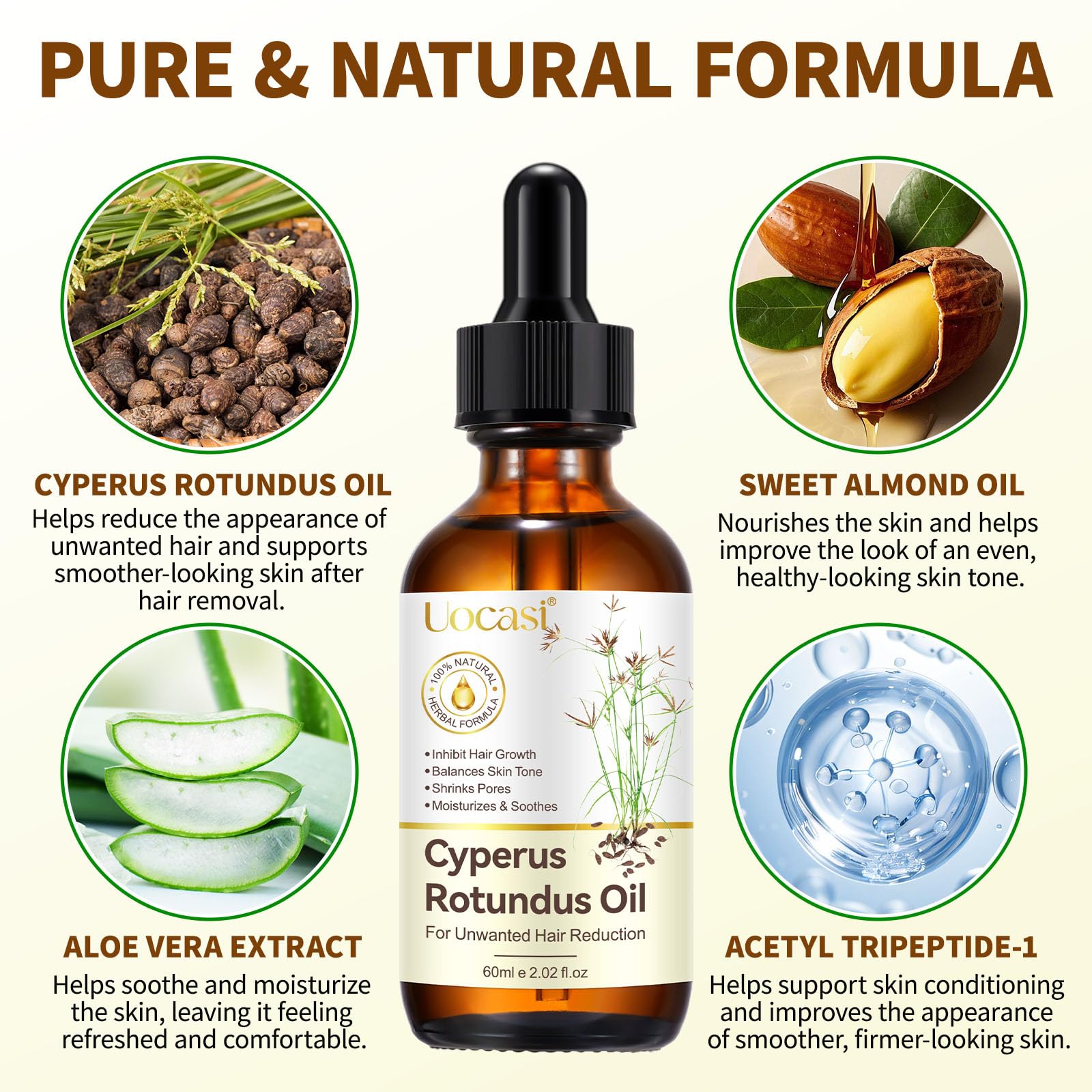 Uocasi label close-up highlighting ingredients and natural formula benefit