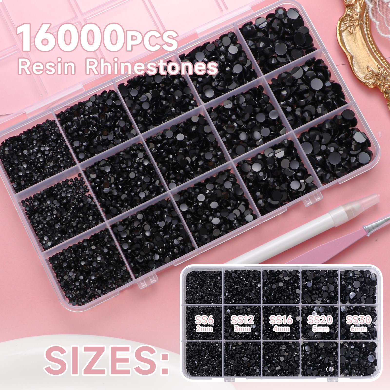 Uotey close-up of black jelly rhinestone surface with AB shine, highlights durable sparkle
