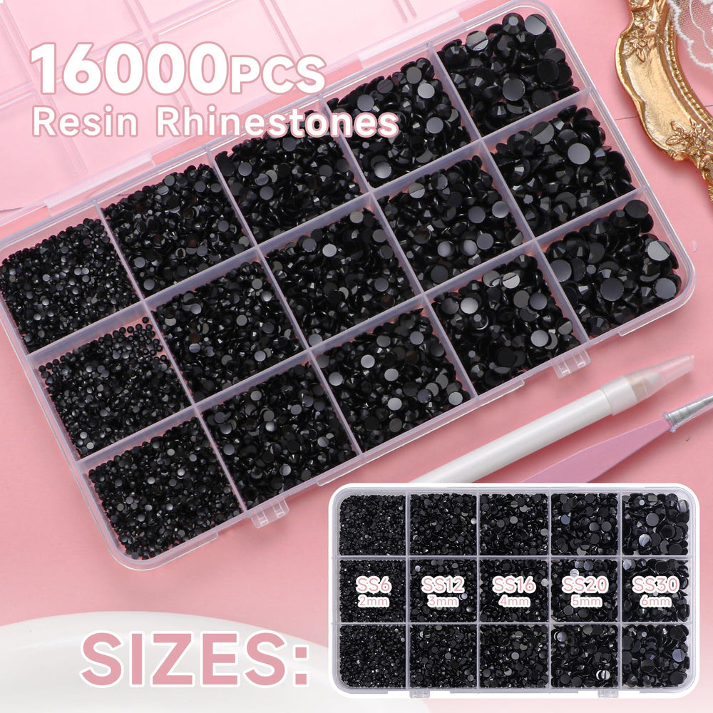 Uotey close-up of black jelly rhinestone surface with AB shine, highlights durable sparkle