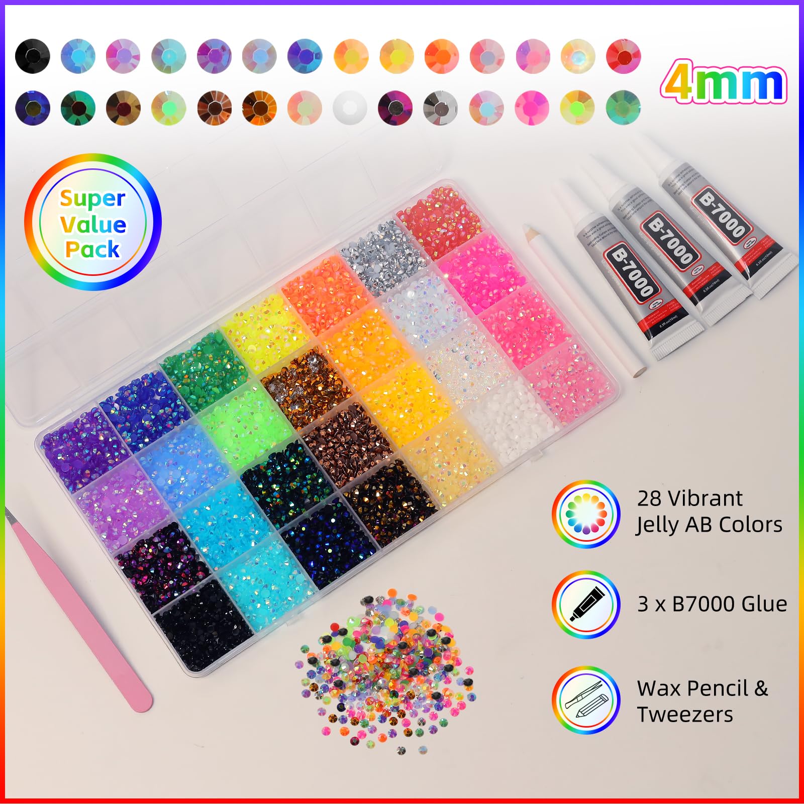Uotey close-up of colorful 4mm rhinestones highlighting vibrant hues and sparkle