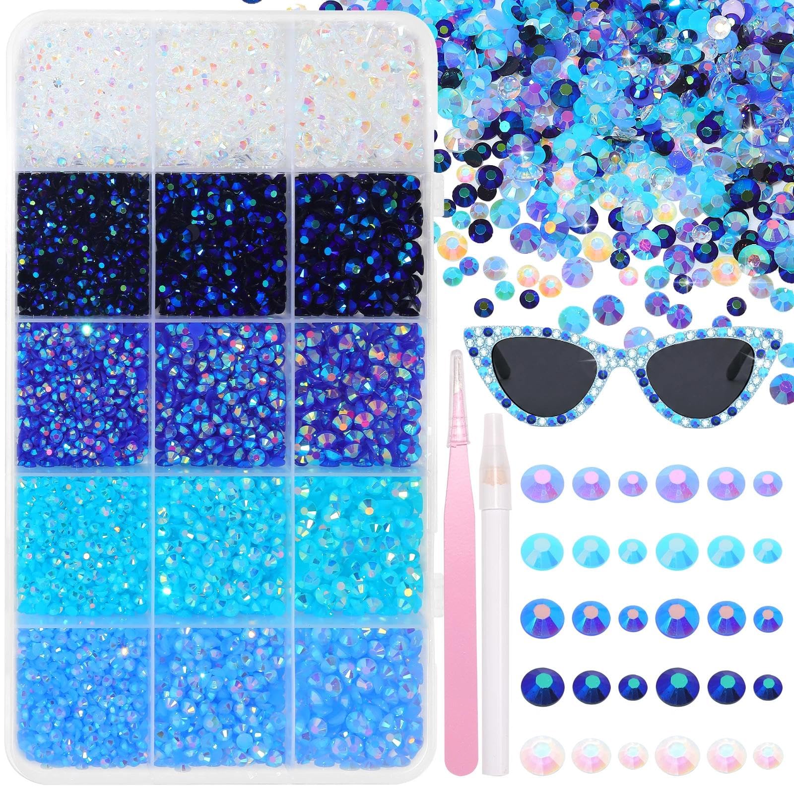 Uotey front box display showing organized 15-grid rhinestone kit for easy access