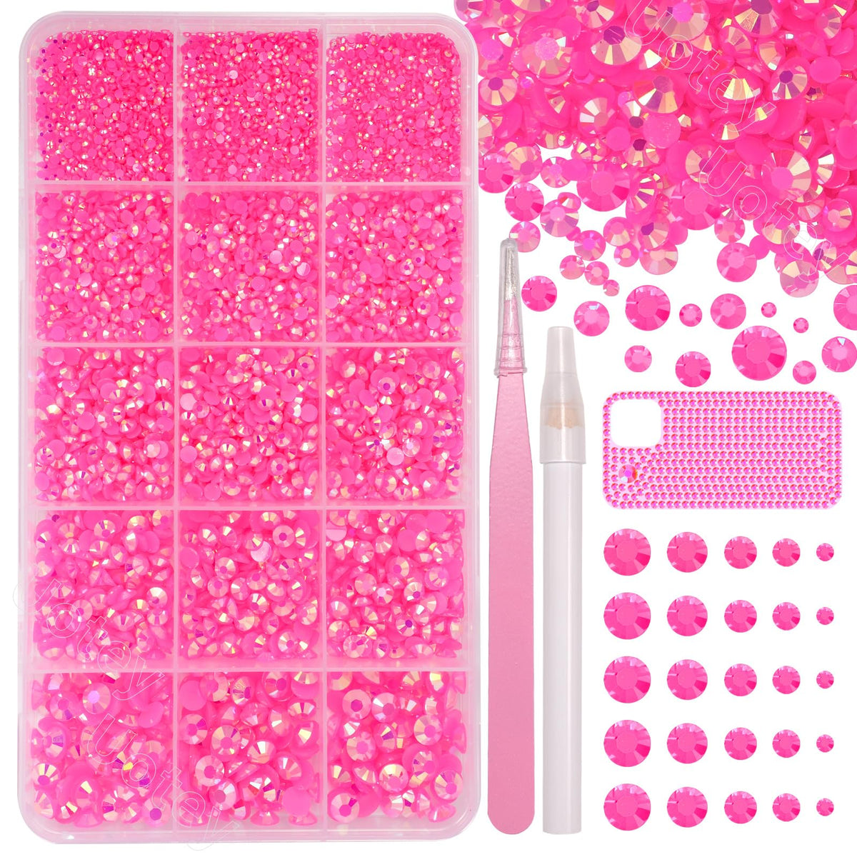 Uotey front box with hot pink rhinestones showing organized grids and easy access