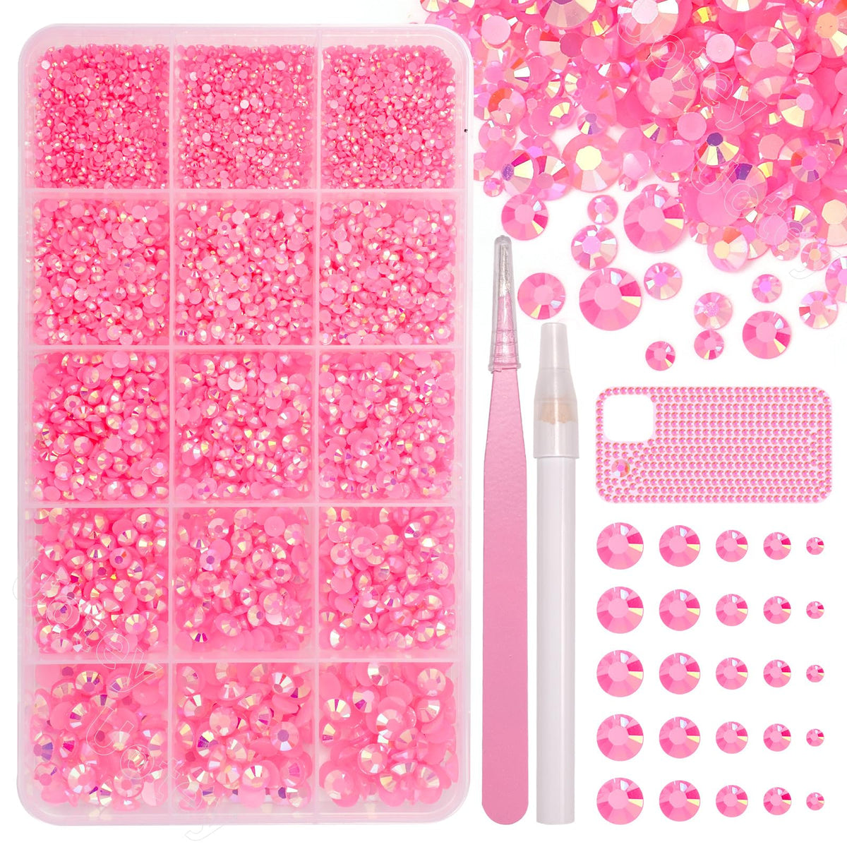 Uotey front packaging showing 15-grid box and many pink rhinestones for easy crafting