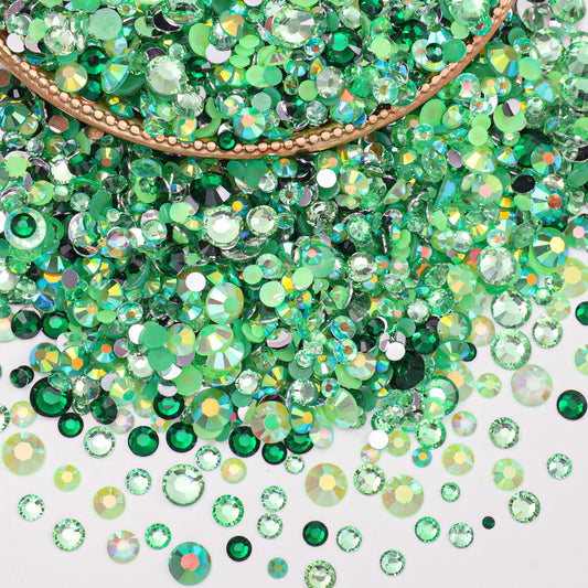 uotey front bag of green resin rhinestones showing mixed sizes and bright sparkle