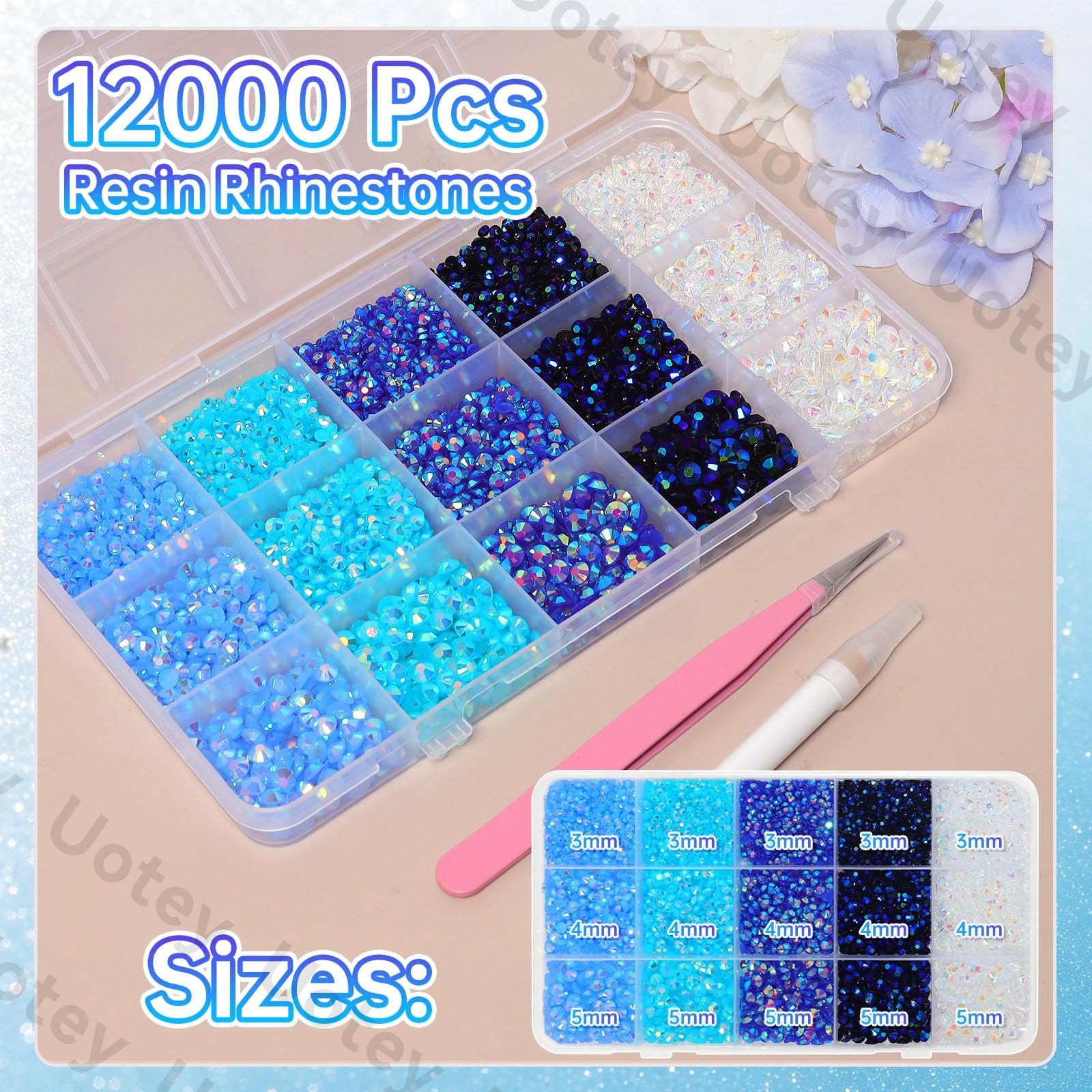 Uotey close-up of compartment grids revealing mixed blue and white rhinestone variety