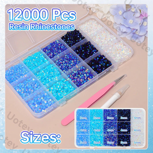 Uotey close-up of compartment grids revealing mixed blue and white rhinestone variety