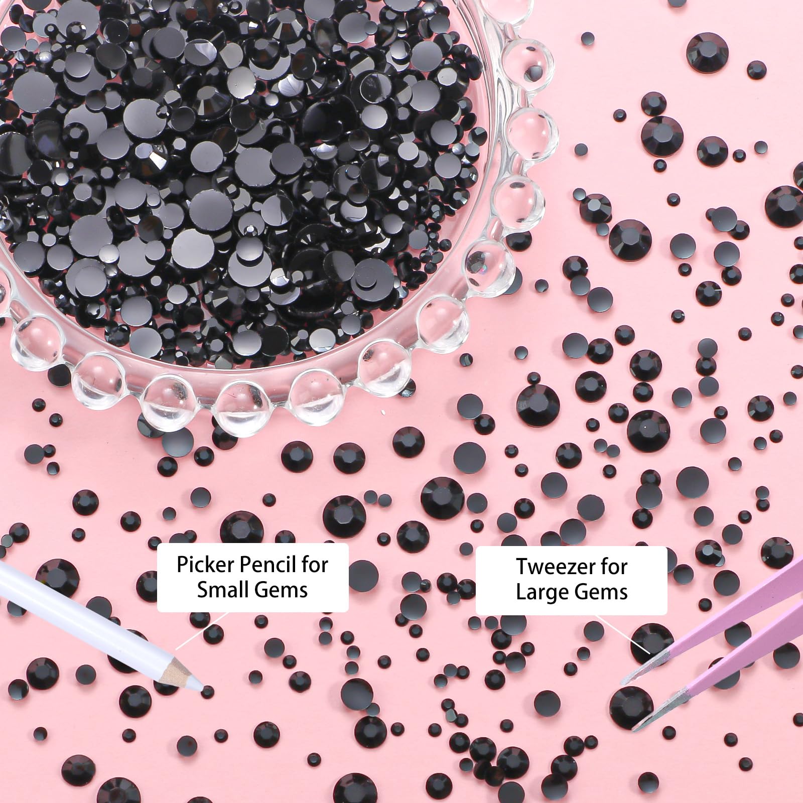 Uotey rhinestones on nail art in progress with pickup tool, precision placement benefit