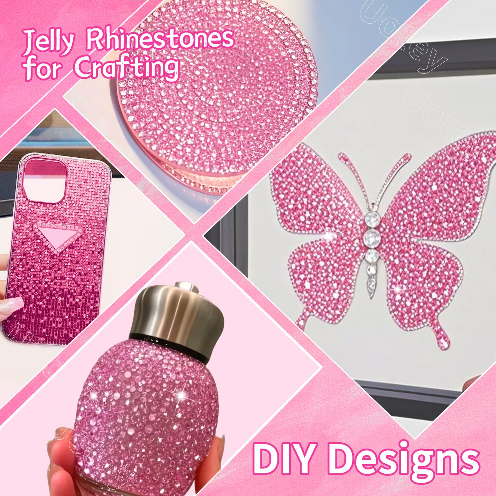Uotey decorated tumbler with pink rhinestones illustrating finished craft appeal