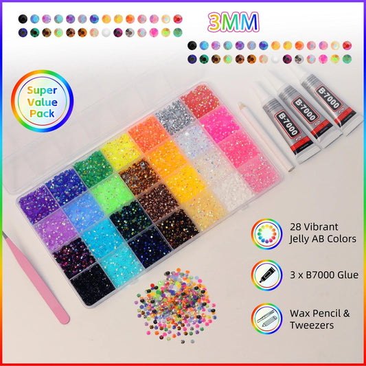 Uotey close-up of mixed-color 3mm resin gems highlighting vivid sparkle