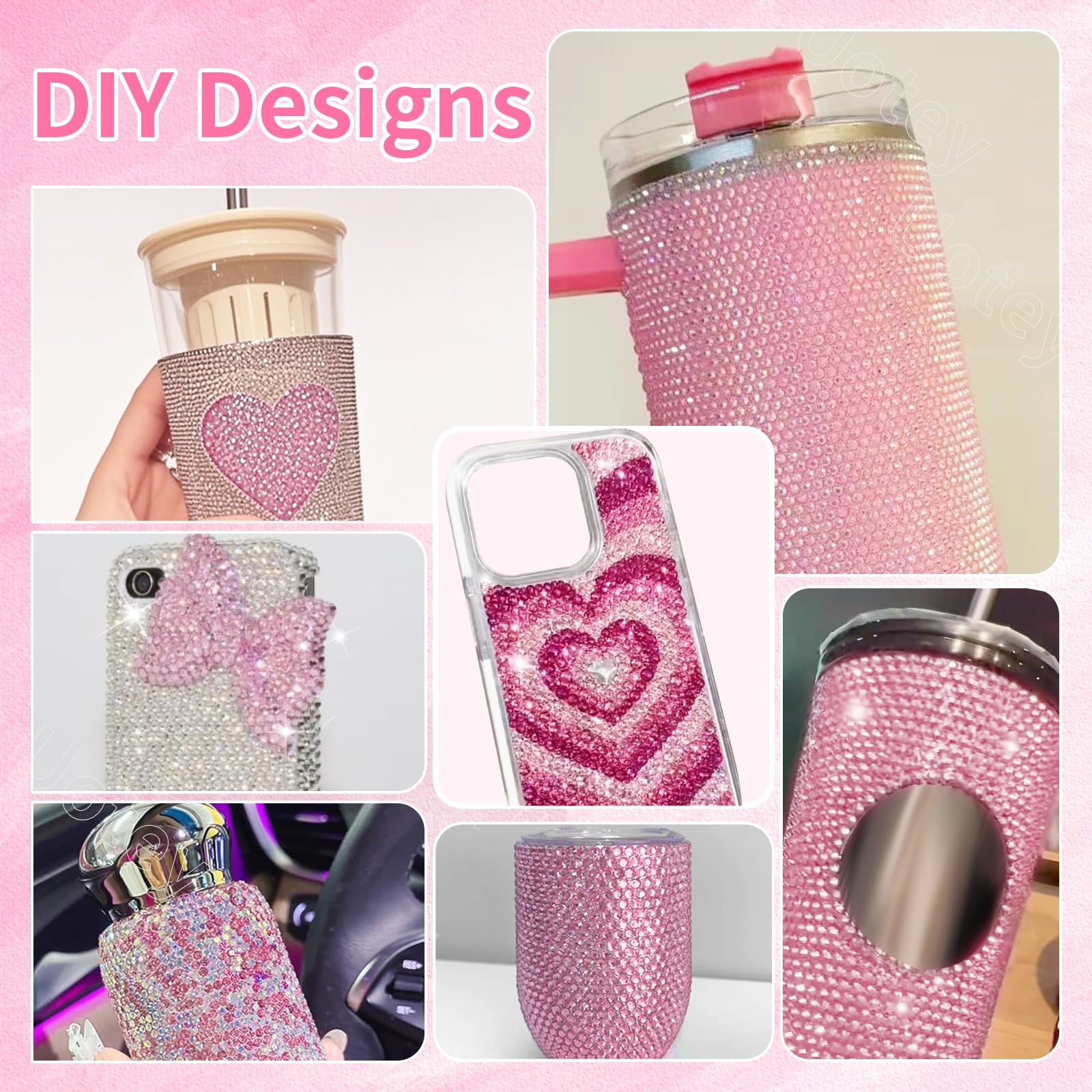 Uotey light pink gems decorating a tumbler to show decorative impact and visibility