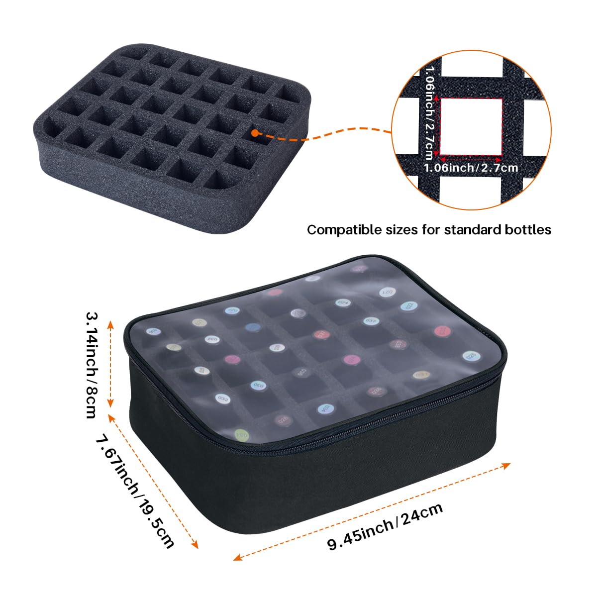 UOZL open top displaying thirty nail polishes and removable foam inserts