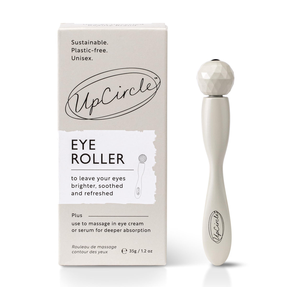 UpCircle eye roller front view showing sleek plastic-free design and sustainable benefit