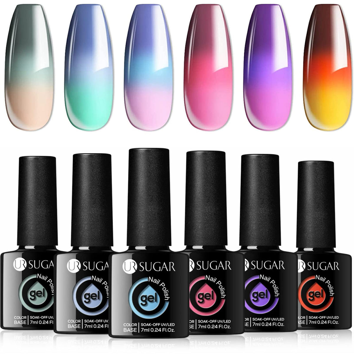 UR SUGAR front view of six mood gel bottles showing kit variety and vibrant appeal