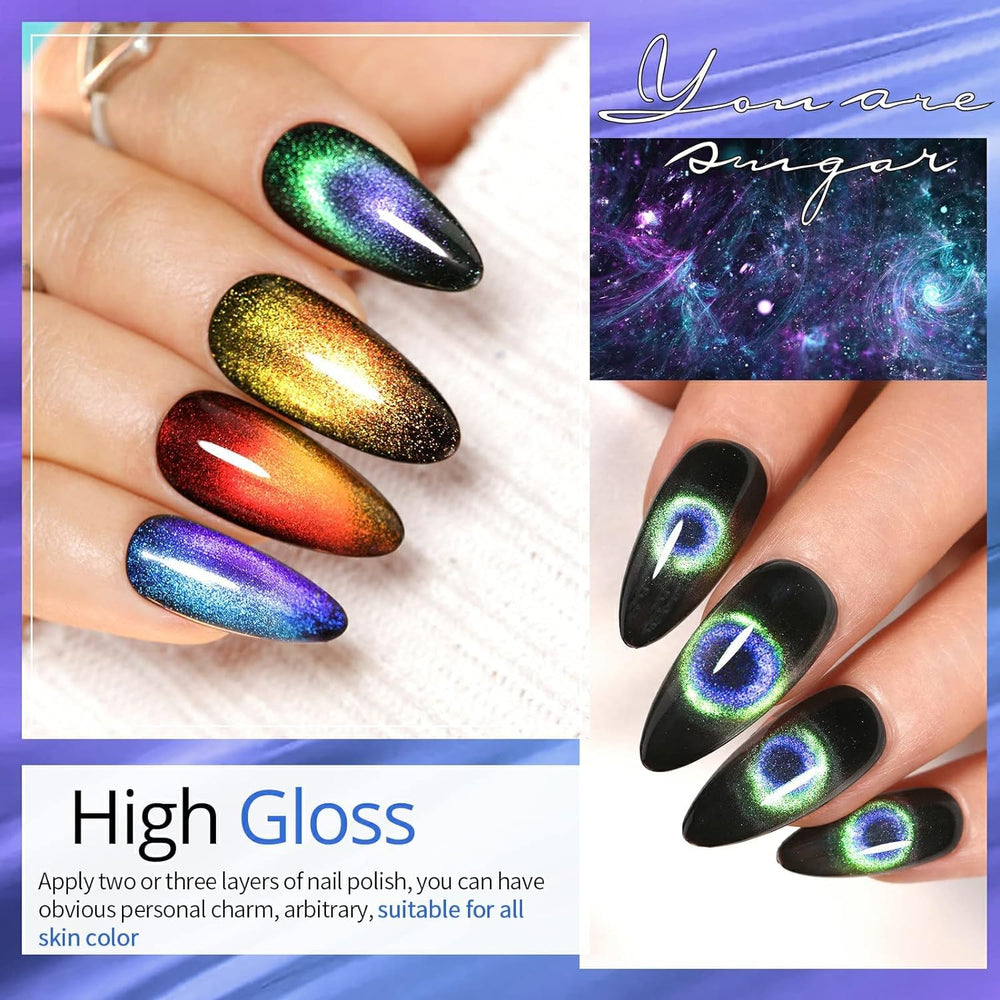 UR SUGAR magnet stick beside polish bottles — tool included for cat-eye effects