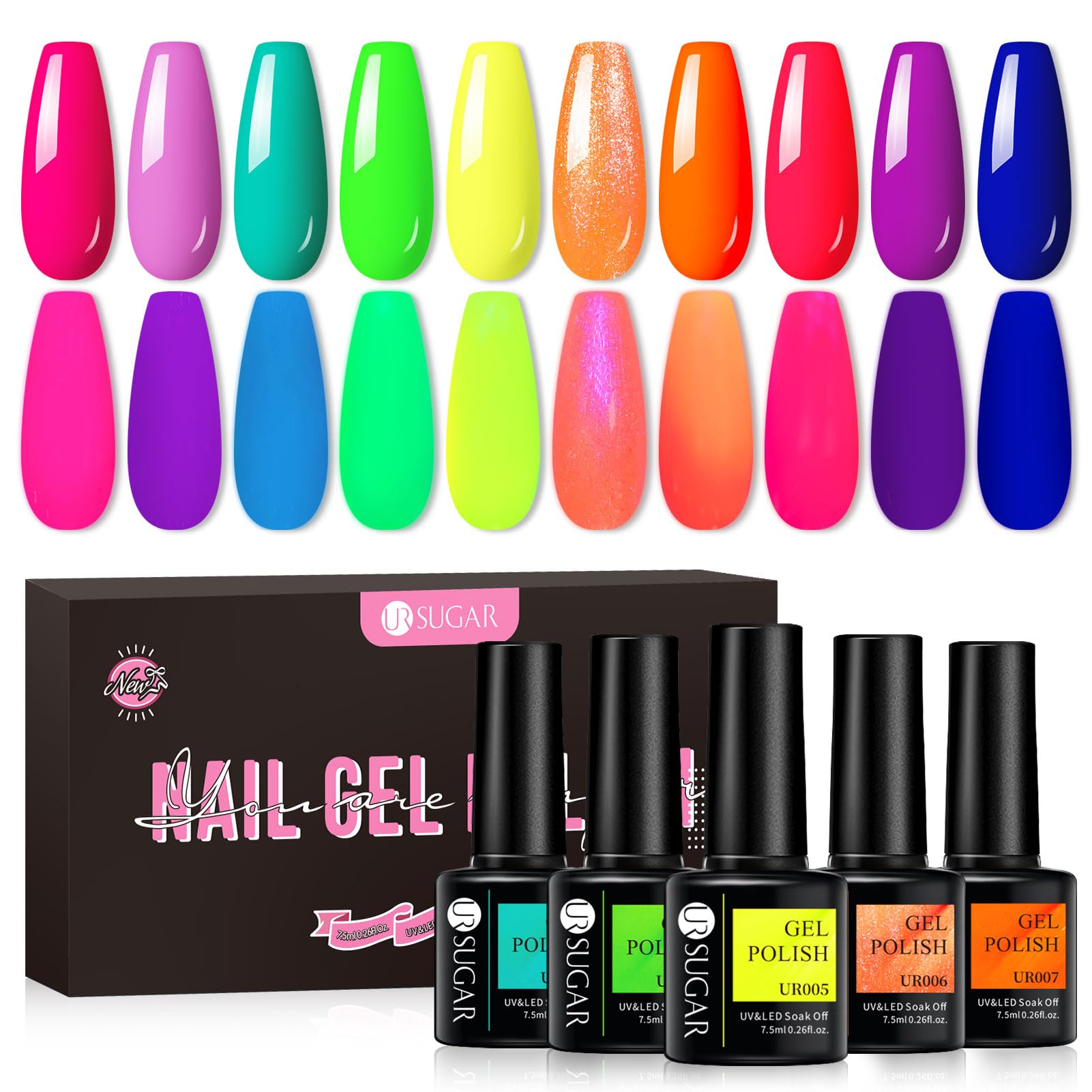 UR SUGAR front packaging showing all ten neon gel colors and benefit visibility