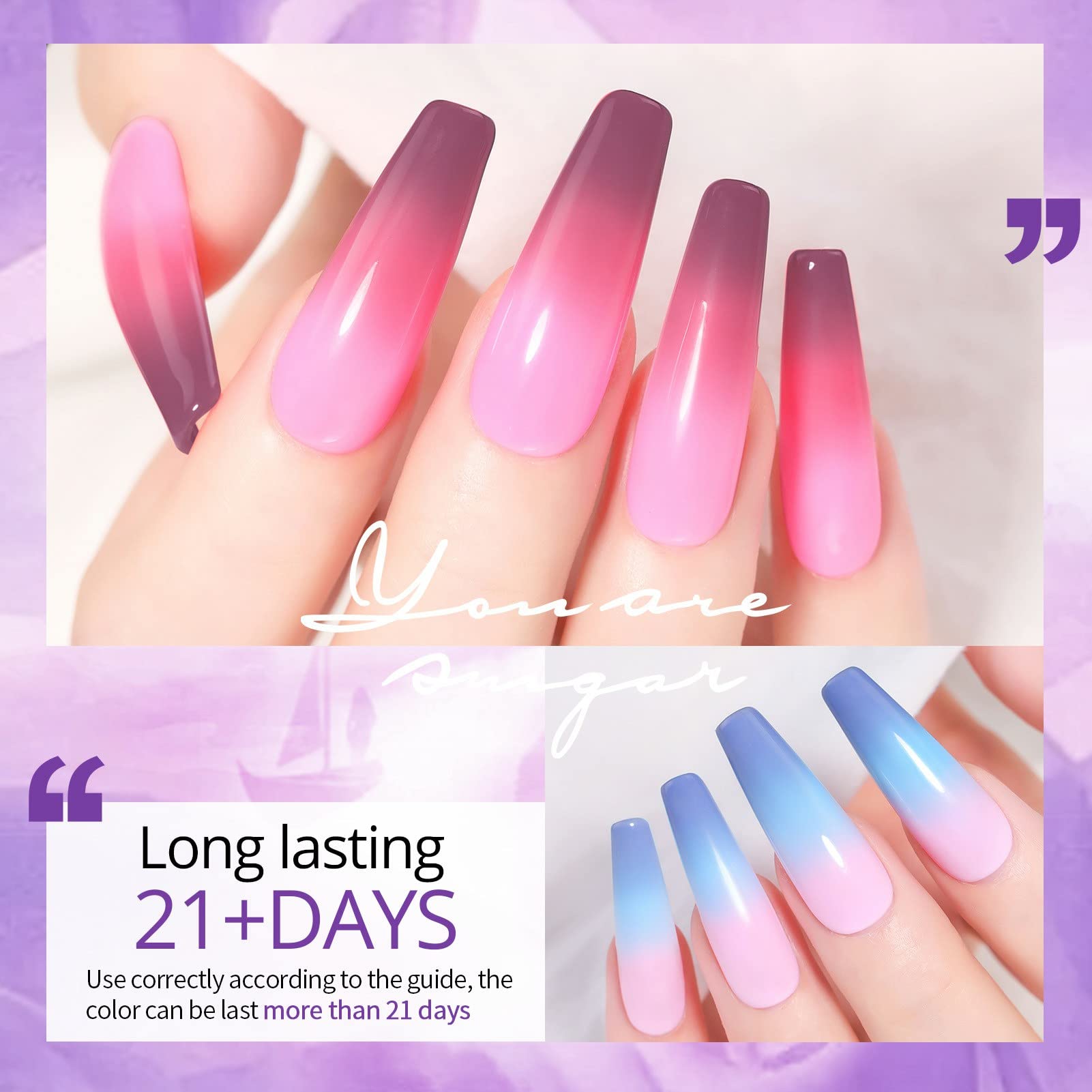 UR SUGAR temperature transition on long nails highlighting three-tone gradient effect