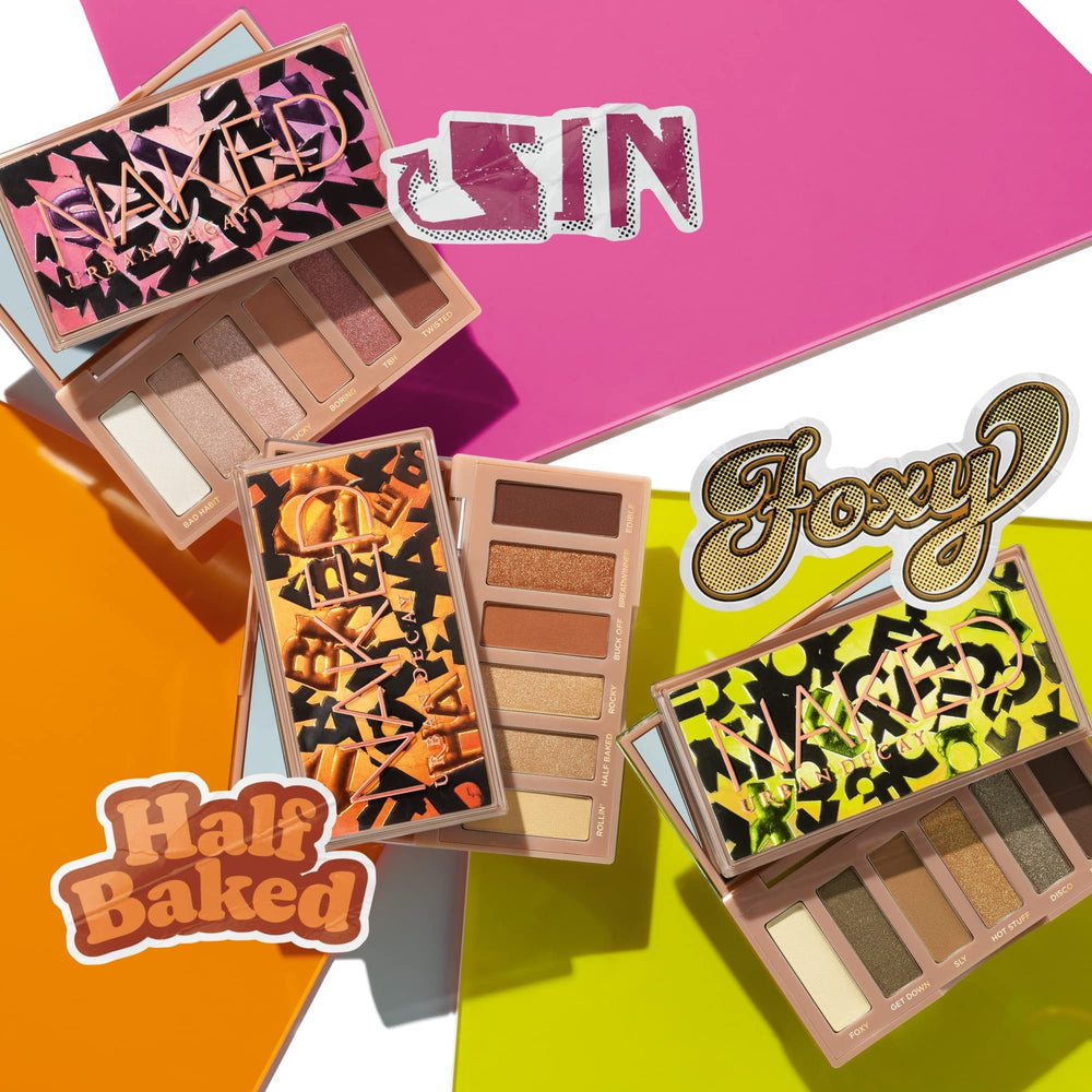 URBAN DECAY naked mini next to a travel pouch showing compact size and easy-to-carry convenience