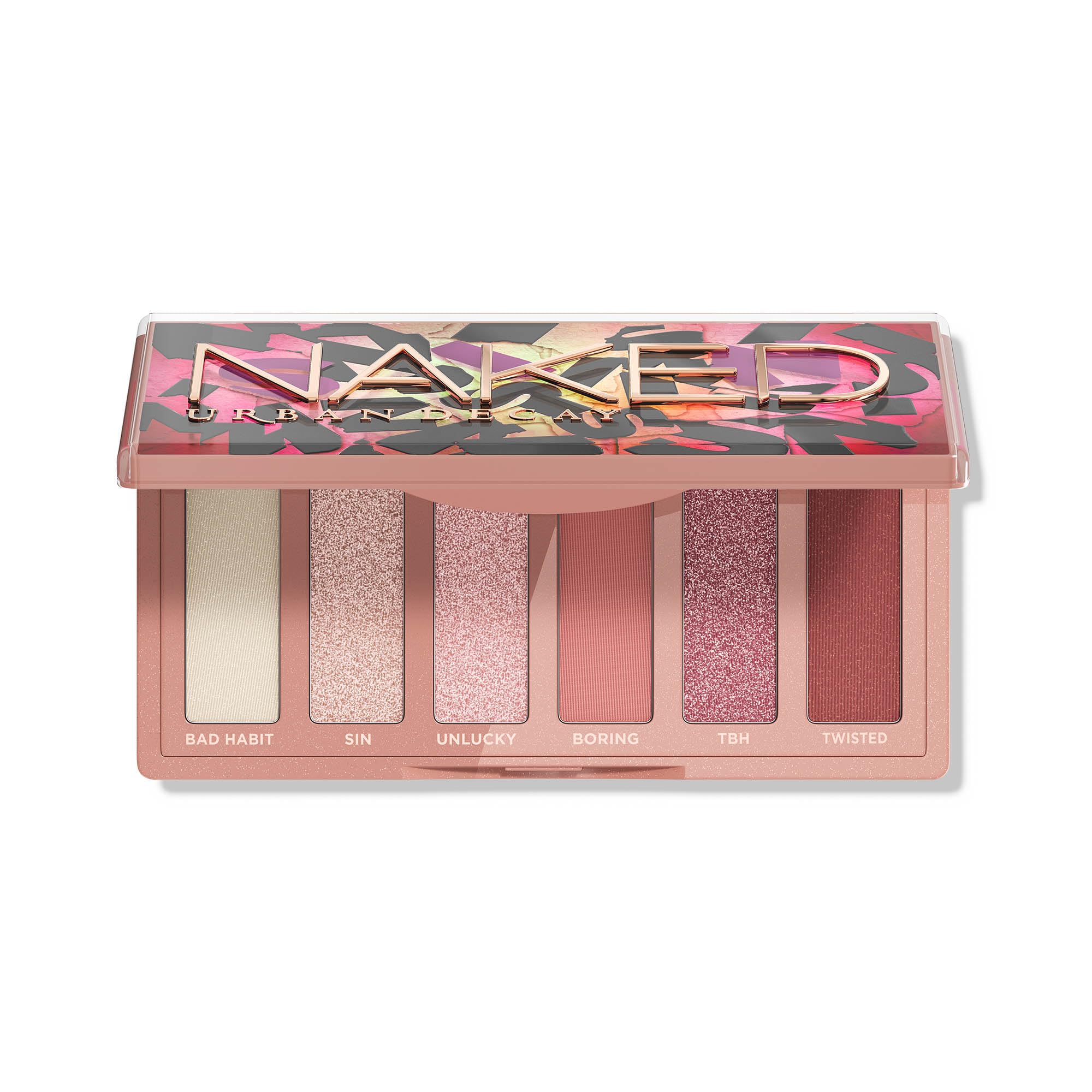Urban Decay Naked Mini Sin front palette showing six blush neutrals and finishes for versatile looks
