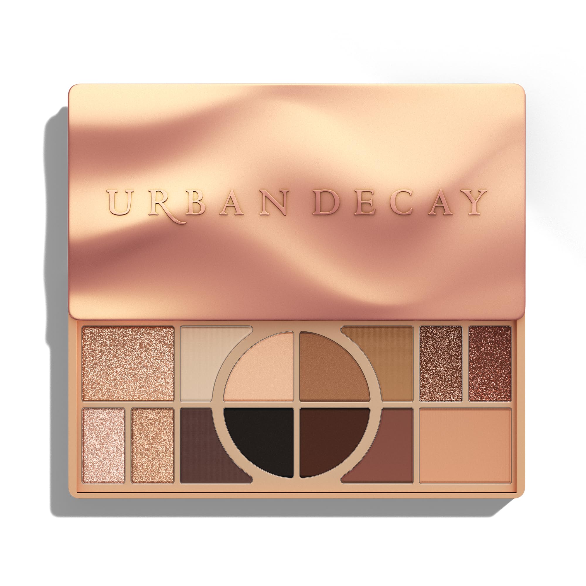 Urban Decay palette front open showing 14 warm shades and easy multitasking