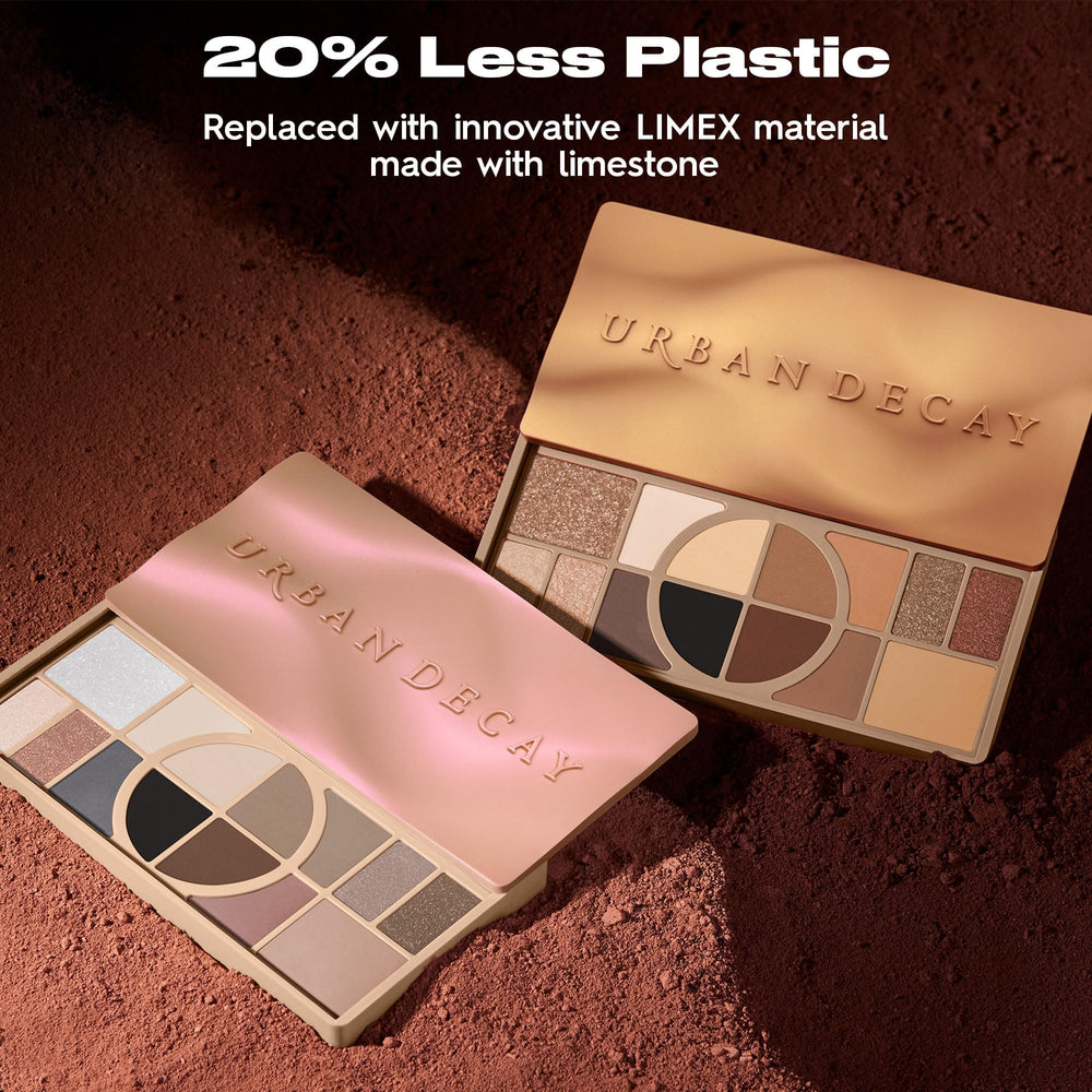 Urban Decay palette next to hand showing compact size and travel-friendly benefit