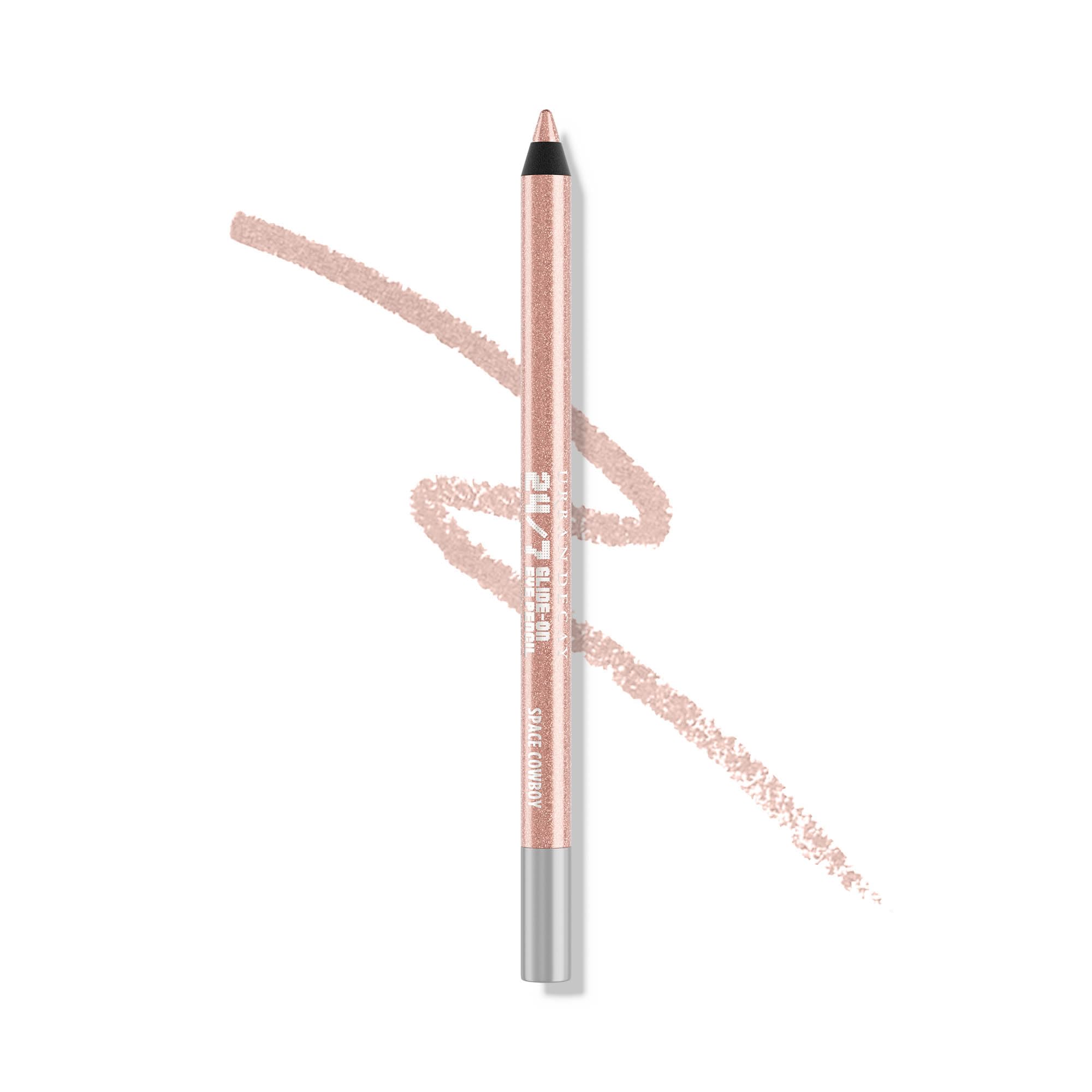 Urban Decay pencil front view showing Space Cowboy sheen and easy application benefit
