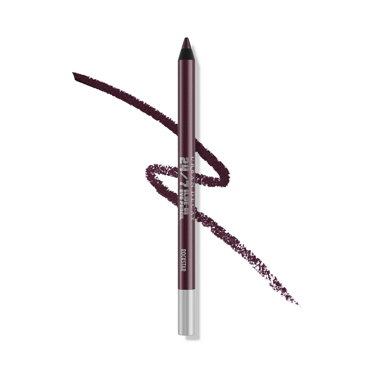 URBAN DECAY Rockstar pencil front view shows rich purple pigment and sleek packaging for bold lines