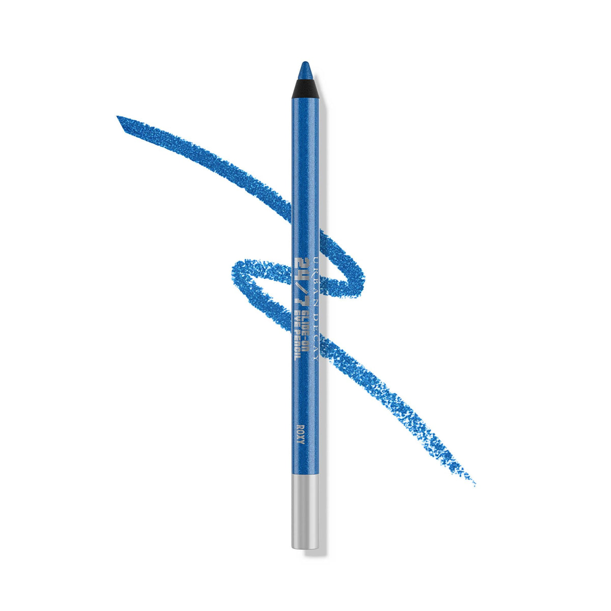 urban decay Roxy front packaging showing metallic blue pencil and brand logo for vivid color