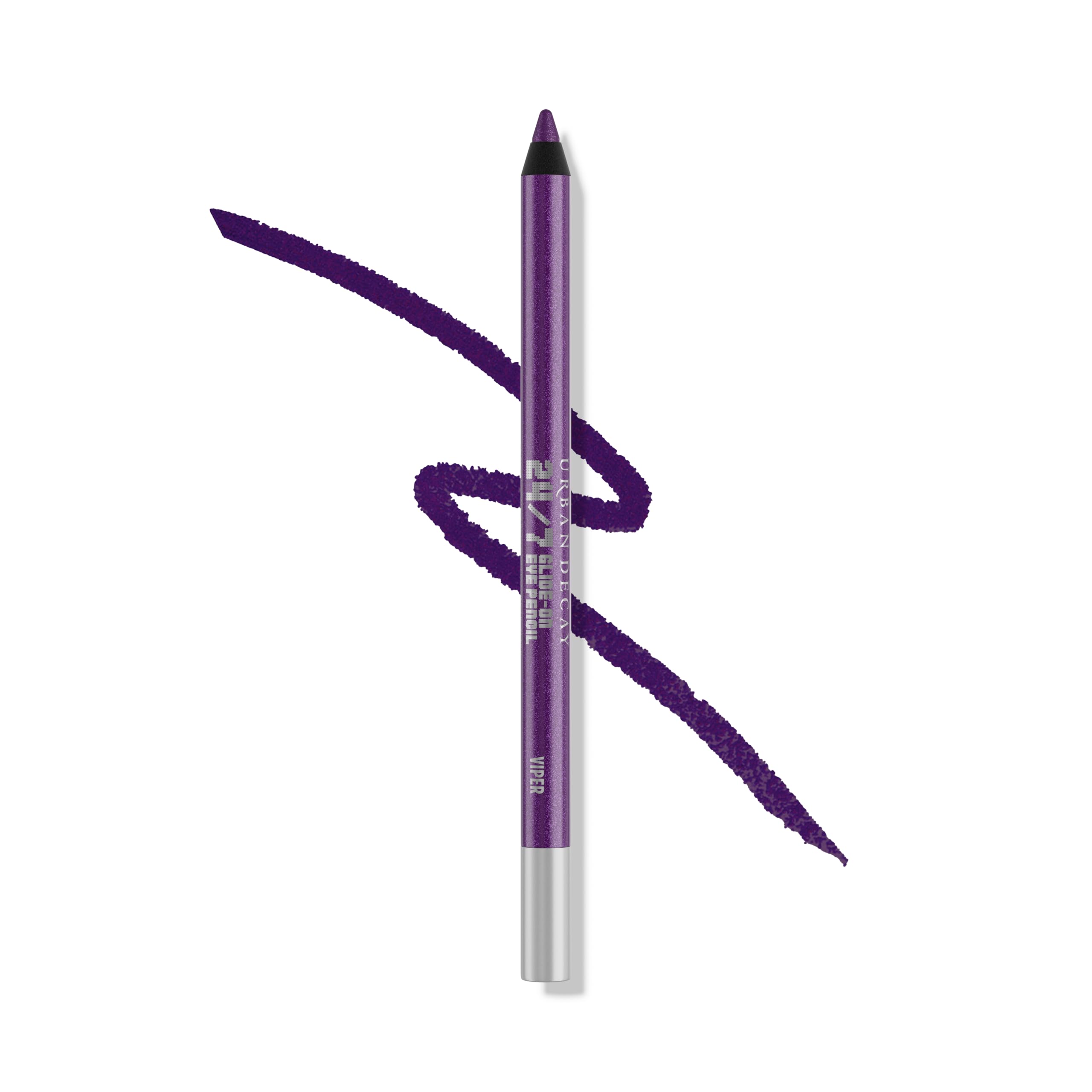 URBAN DECAY pencil front view showing metallic purple Viper and benefit of bold color
