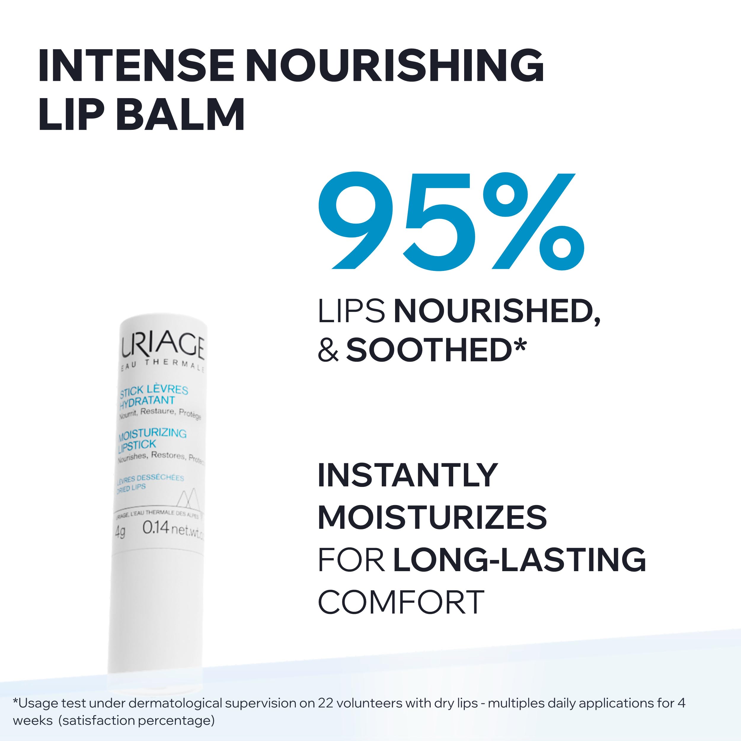 Uriage lip balm texture close-up highlighting smooth non-greasy finish benefit