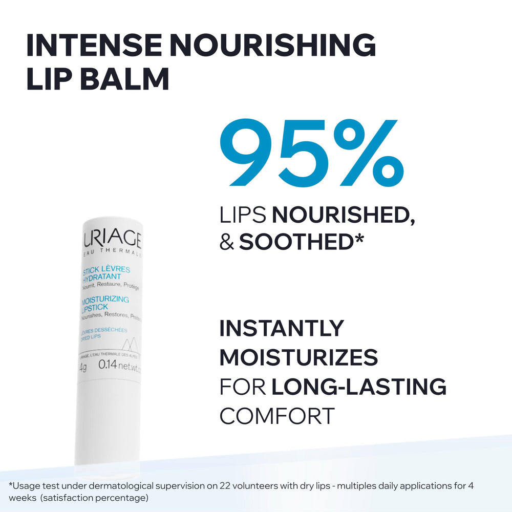 Uriage lip balm texture close-up highlighting smooth non-greasy finish benefit