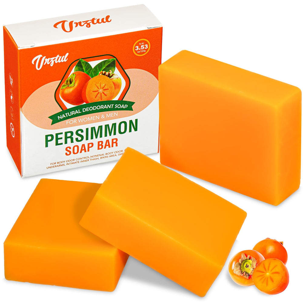URZTUL front packaging showing three persimmon soap bars and benefits