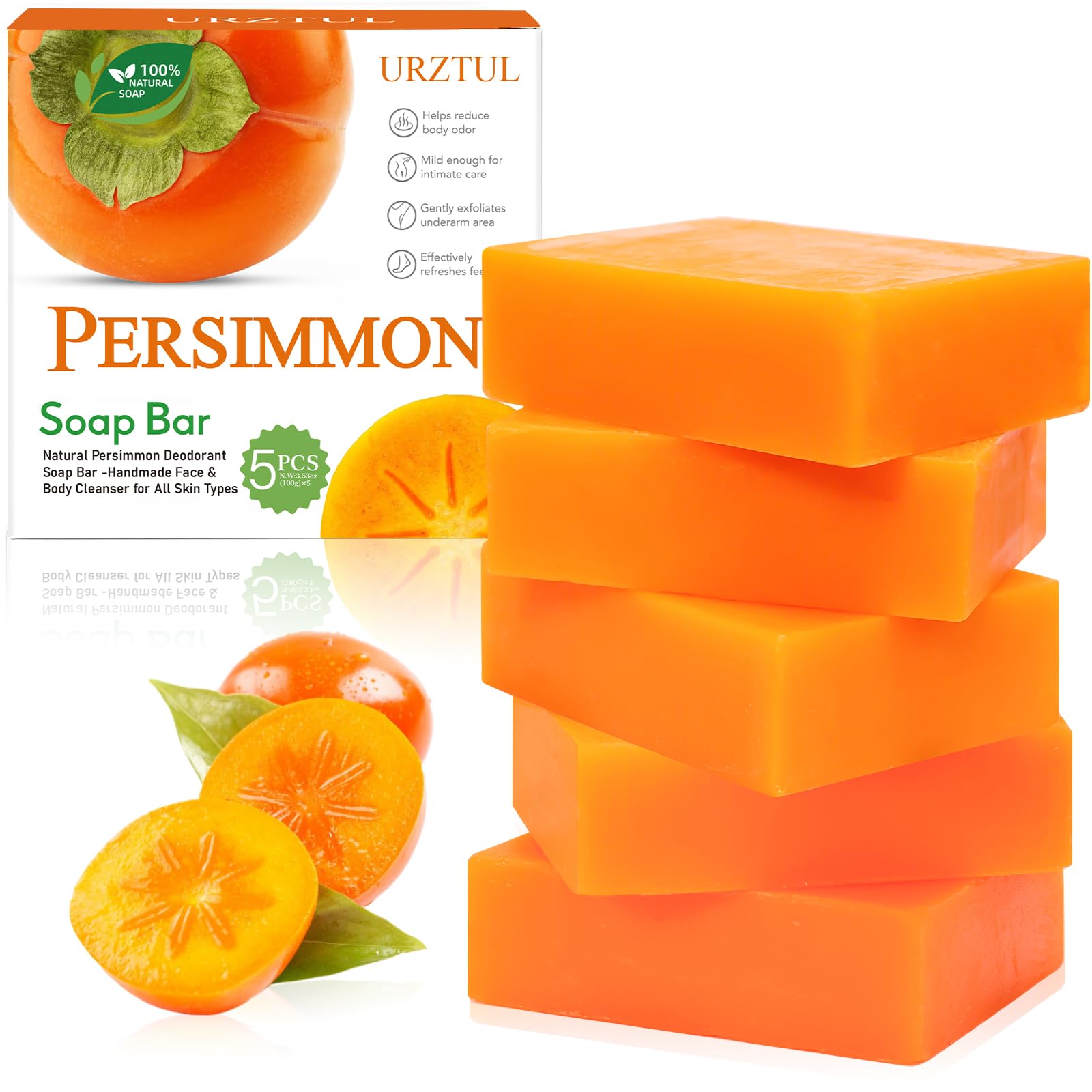 URZTUL front packaging showing five persimmon soap bars for travel convenience