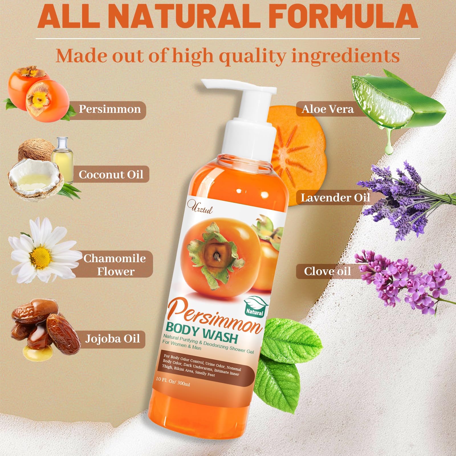 URZTUL label close-up highlighting persimmon extract and gentle ingredients for odor control