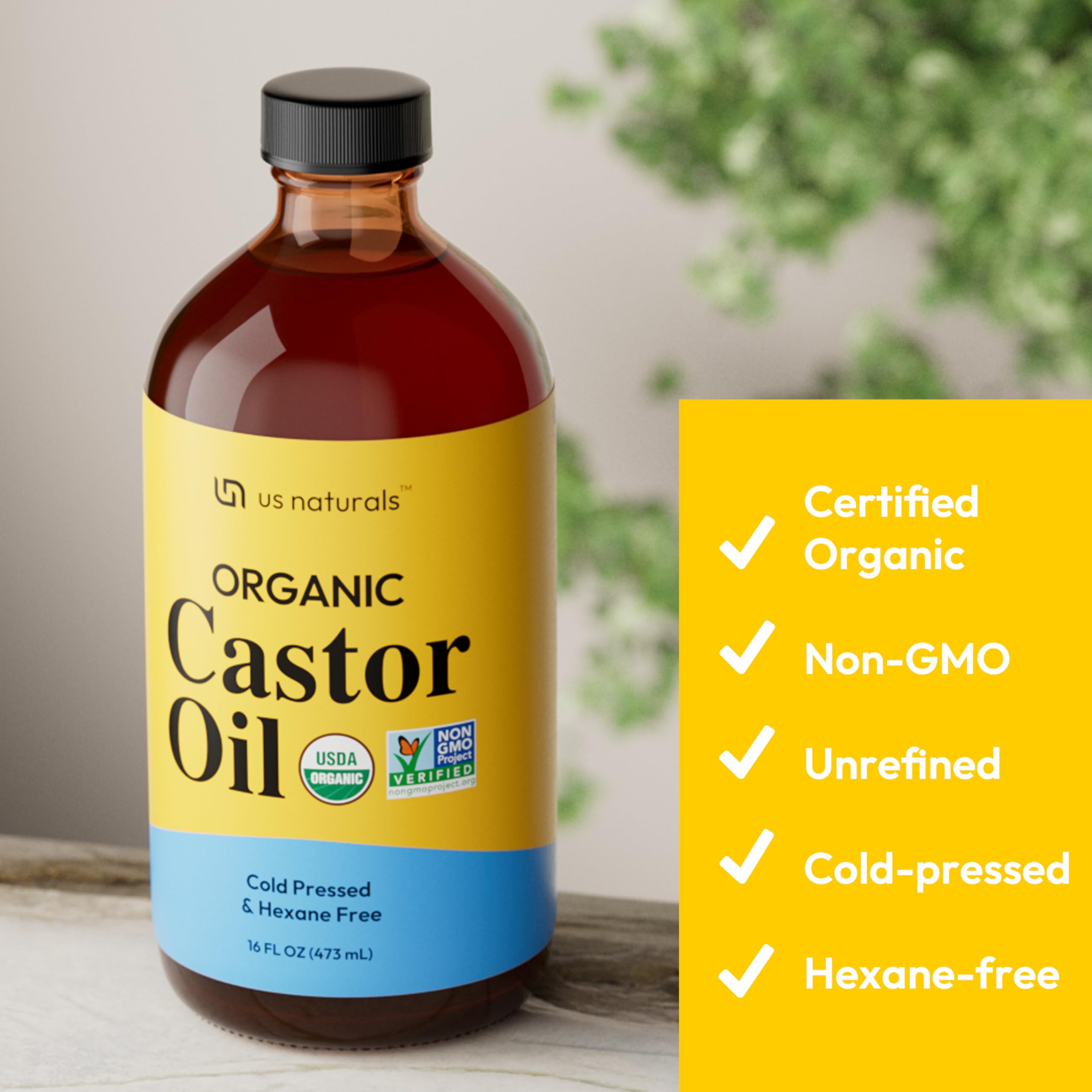 Us Naturals amber glass label detail highlighting organic certification and protection