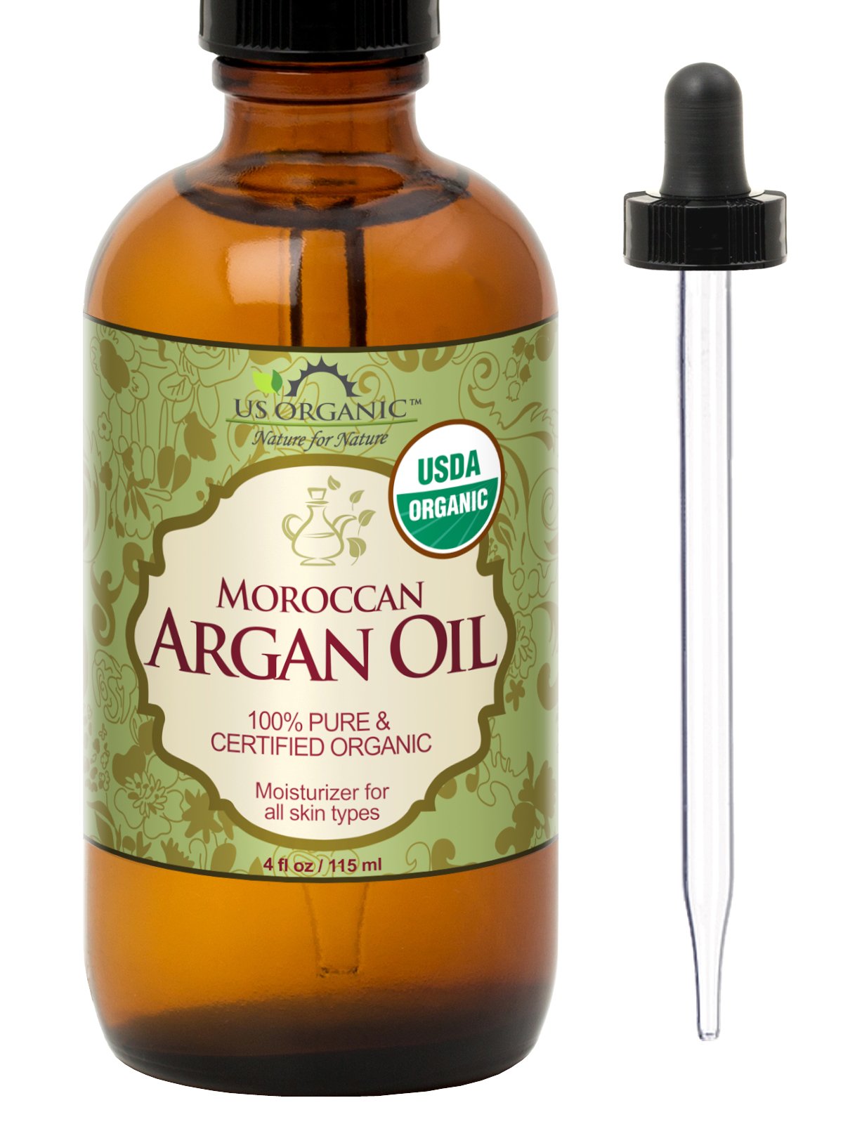 US Organic front amber bottle showing pure argan oil, clear ingredient simplicity