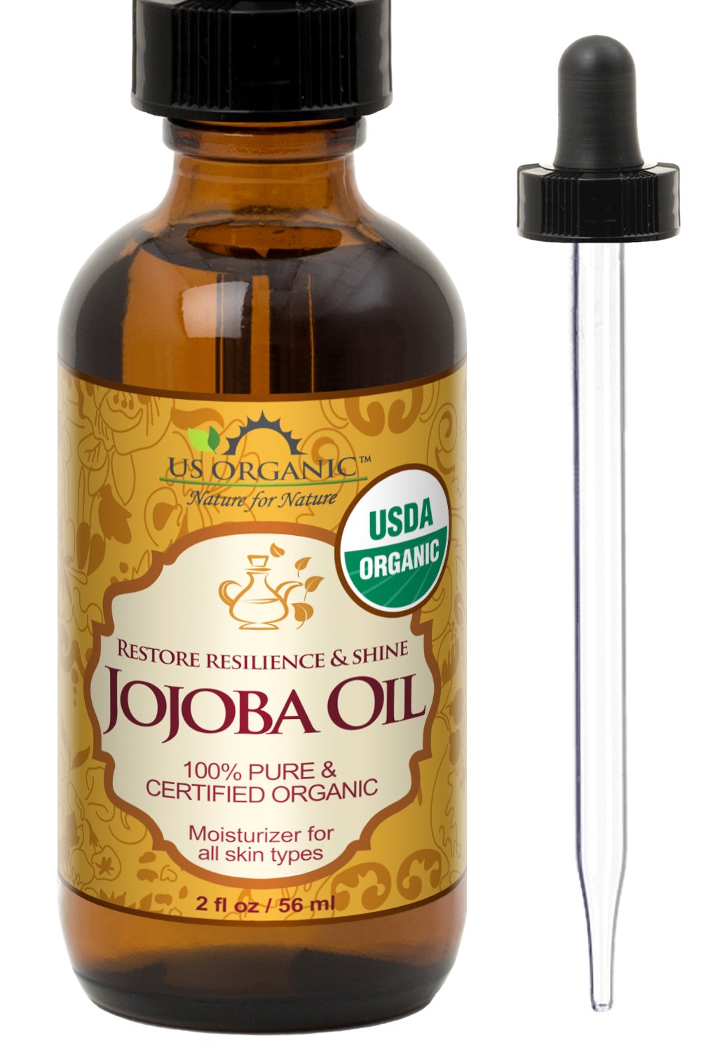 US Organic front bottle showing pure jojoba oil and USDA seal for trust