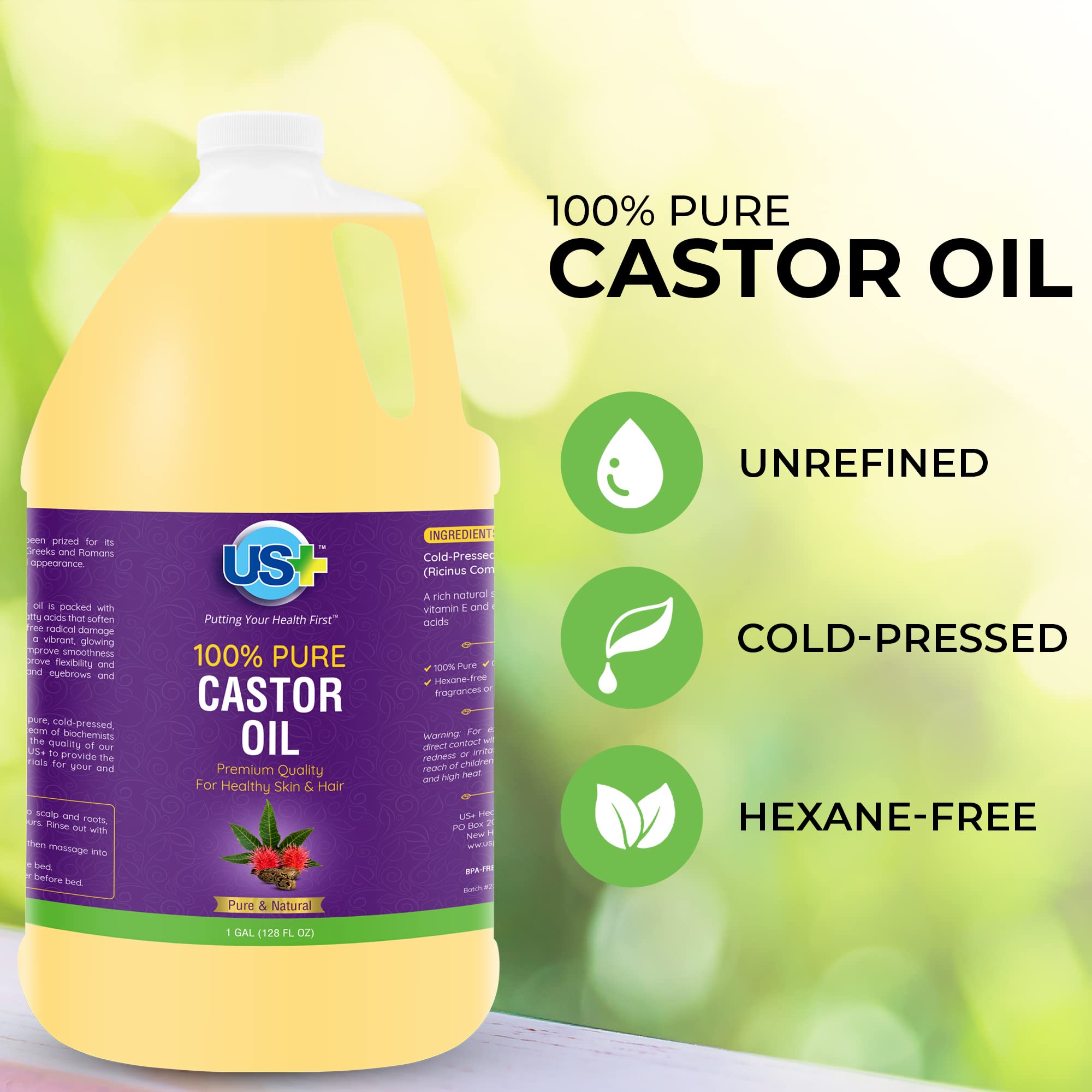 US+ castor oil thick glossy texture closeup highlighting rich emollience